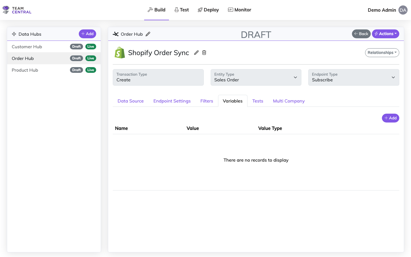 Endpoint Variables Tab